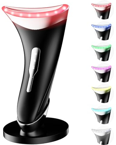Dopsikn 7 Color Light Therapy Facial Massager with Adjustable Vibration and Thermals for Wrinkles, Double Chin, Red Light Skin Care Tool with Base, Black