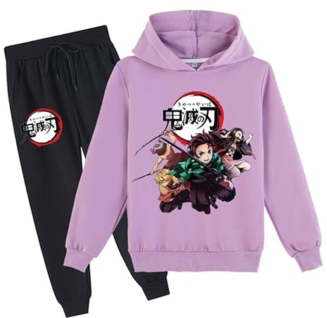 Satdflie Giapponese Anime Demon Slayer Lounge Wear Sets Maglia a maniche lunghe Pullover con pantaloni da maglia 2 pezzi Outfits Unisex Maglia a cappuccio Set completo, viola, XS