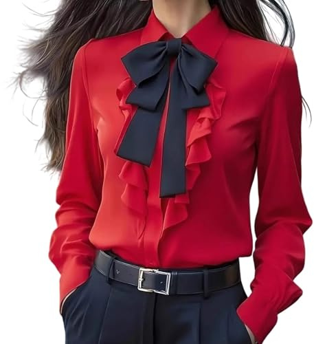 HAOLEI Satin Shirts for Women UK 2025, Ladies Satin Silk Blouses Elegant Bow Tie Neck Vintage Long Sleeve Shirts Going Out Solid Color Casual Smart Business Work Office Tops Red