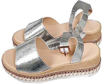 ZTFYKLIN Sandalias Senderismo Mujer De Verano Zapatos Cómodos Tamaño A Juego Con El Color Del Talón Inclinado (Silver, 37) Tiras Caminar Plataforma Plateadas Cuñas Cuero Cuña Baja Cangrejeras