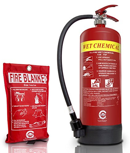 FSS UK Premium 6 Litre Wet Chemical FIRE Extinguisher(BSi KITEMARKED) with 1M X 1M FIRE Blanket(CE). Ideal for Commercial Kitchen, Restaurants Pubs Bars Cooking Fires. 6 L LTR Wet Chem