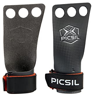 PICSIL - Maniques RX, Grips en Fibre de Carbone, Fins et Résistants, avec Magnésie, pour Cross Training, Gymnastique et Calisthenics, 3 Trous (Orange, S)