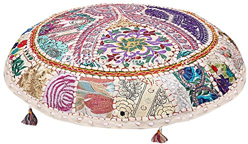 Stylo Culture Ethnisch Dekorativ Rund Bodensitzkissen 100 x 100 cm Groß Meditationskissen Vintage Weiß Boho Patchwork Sitzsack Sitzkissen Baumwolle Bestickt Bodenkissen Ecke