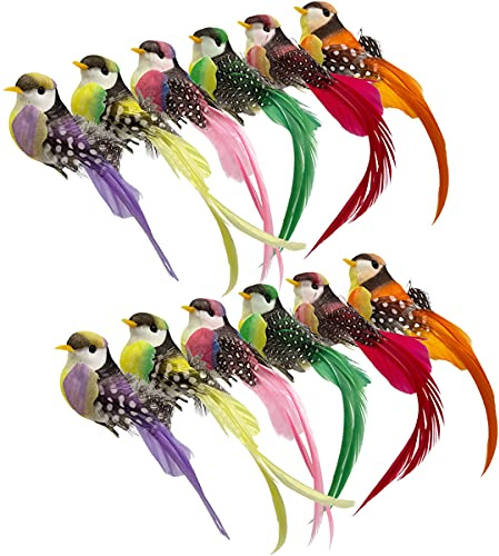 LWINGFLYER 12pcs Artificial Simulation Foam Feather Birds 4.7 Rainbow Colorful Long-Tailed Bird Spring Tree Clip on Decorations for Wreath Crafts Christmas Tree Ornaments