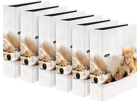 Original Falken 6er Pack Motiv-Ordner Pets. Made in Germany. 8 cm breit DIN A4 Ringordner Aktenordner Briefordner Plastikordner Motivordner Tiere Hund und Katze