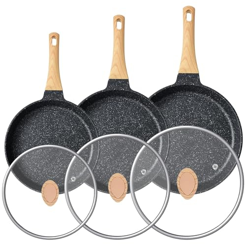 RIOVARM Antiaderente Set di padelle con coperchi Induzione Set di padelle con manico resistente al calore In granito Padella per omelette senza PFOA In marmo Set di pentole 20cm 24cm 28cm