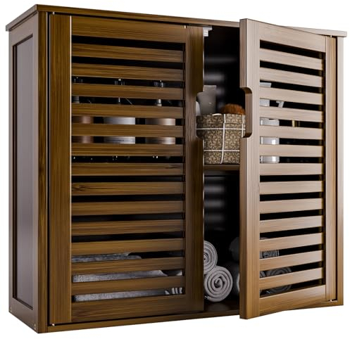 HITNET Armario de baño con 2 Puertas, Mueble de Pared con Estante Ajustable, Armario de Pared Colgante de Bambú, Organizador de Almacenaje Que Ahorra Espacio, Nogal