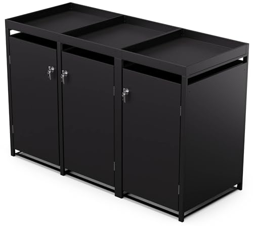 blumfeldt BinSafe Mülltonnenbox – Wetterfest, Verzinkter Stahl, 3 Türen, Pflanzendach, Für 60L/120L/240L Mülltonnen, Modernes Design, Mülltonnenverkleidung 3 Tonnen