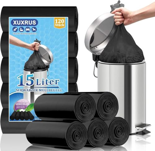 XUXRUS Sacchetti Immondizia 15 Litri, 120 Pezzi Sacchi Pattumiera Neri Sacchetti Spazzatura Piccoli Resistenti e Durevoli, Anti-Strappo e Anti-Rottura per Bagno, Casa e Ufficio (50x55cm)