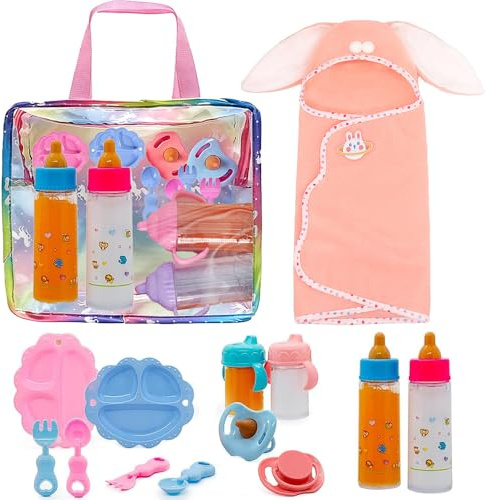 Nzkeuf 8 Piezas Accesorios Bebe Juguete, Accesorios Muñecas, Incluye Botella Magica para Bebé, Biberón de Jugo, Chupete, Cubiertos, Toalla de Baño y Bolsa de Almacenamiento, Regalos para Niñas