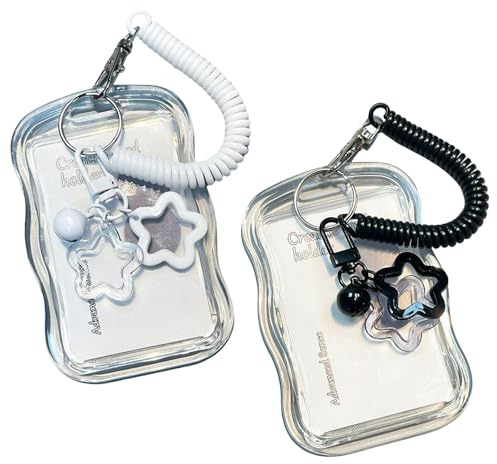 2 llaveros para tarjetas fotográficas de Star Bells, soporte para tarjetas de identificación, soporte para tarjetas de identificación con cuerda de primavera, funda para tarjetas de identificación