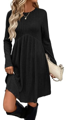 LIAMERHE Midi Robe en Tricot Femme Manches Longues Col Rond Chic Elegant Robe Pull Automne et Hiver Casual Robes A-Line Rayures Verticales avec Poches