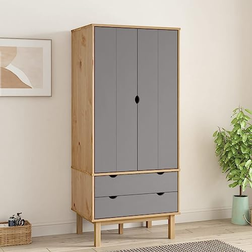 Frdhee Allzweckschrank Kinder Kleiderschränke,Kleiderschrank Braun&Grau 76,5x53x172 cm Massivholz Kiefer,Kellerschrank für Wohnzimmer Flur Büro