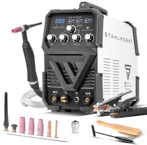 STAHLWERK Saldatrice 2-in-1 combinata AC/DC TIG 200 ST – TIG & MMA (elettrodo) fino a 200 A, innesco HF, Hotstart, Anti-Stick, modalità 2T & 4T, TIG AC per alluminio, tecnologia IGBT