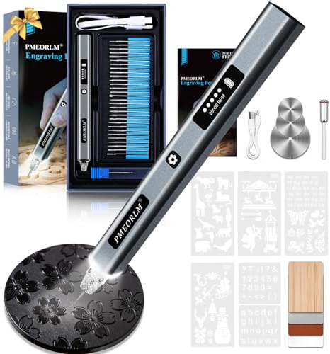 vueowcue Engraving Pen with 30+ Bits & 5-Speed Adjust, Mini Engraver Pen with LCD Display & LED Light, Engraving Tool for Wood Glass Metal Stone, Professional & Beginner Friendly