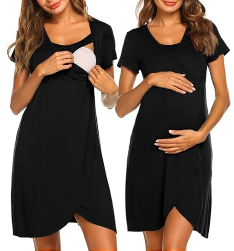 Ekouaer Nursing Nightgown 3 In 1 Maternity Nightgown Short Sleeve Nursing Gown Breasfeeding Sleepwear Delivery Dress Black