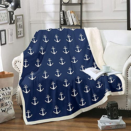 Homemissing Ocean Nautical Plush Blanket Anchor Printed Sherpa Blanket For Kids Adults Sea Adventure Surfing Fleece Throw Soft,Navy Blue,Single 50x60 Inch