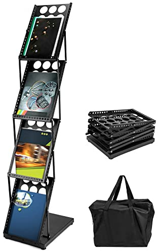 QWORK Magazine Brochure Display Rack Stand, 4 Pocket Foldable Literature Catalog Rack Book Holder Tradeshow Display Stand, for Office Store and Exhibition Trade Show (Black)