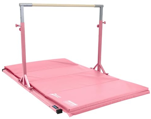 Z Athletic Flyaway Duo Adjustable Horizontal Bar and 4 Ft x 6 Ft Gymnastics Mat, Pink