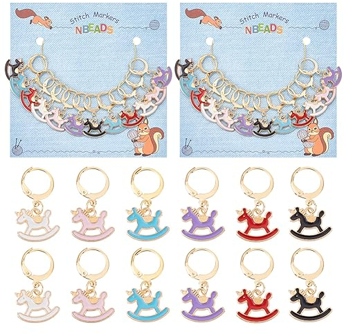 NBEADS 24 Stk. Schaukelpferd Maschenmarkierer, Emaille Häkeln Stich Marker Charms Abnehmbare 304 Edelstahl Clasps Verriegelung Stich Marker für Stricken Weben Nähen Schmuckherstellung