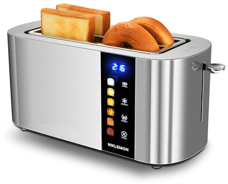 4 Slice Toaster, NIKLEMON Full Stainless Steel Toaster with LED Display, Touch Buttons with Long Extra Wide Slots, Bagel, Defrost, Reheat, Cancel Functions, Removable Crumb Tray, 1300W