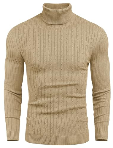 COOFANDY Jersey de cuello alto para hombre, de punto fino, manga larga, corte ajustado, cuello alto, caqui, M