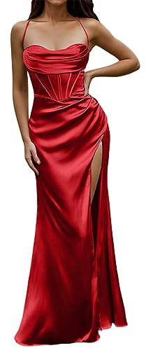 WWricotta Women Sexy Satin Corset Maxi Dress Silky Strap Push Up Fishbone Ruched Evening Party Long Dresses Formal Occasion Dress Fitted Formal Dresses for Women Red