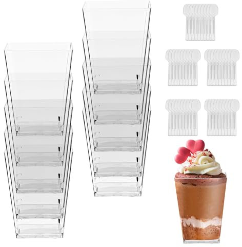 Dessertgläser 5 OZ /160ML, 50 Stück Desserttasse mit 50 Stück Löffeln. Dessertgläser Plastik Transparenten, Trapezförmig Desert Becher für Mousse Kuchen, Eis, Joghurt, Pudding，Wiederverwendbare