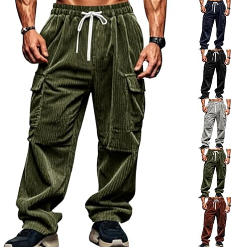hnomrsk Pantalon en Velours côtelé pour Hommes, Pantalon fuselé décontracté à Taille élastique avec Cordon de Serrage (X-Large,Military Green)