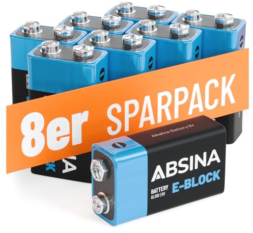 ABSINA 8X Pilas 9v alcalinas - 9V Battery Duradera y a Prueba de Fugas para detectores de Humo y más - 6LR61 9v Pilas cuadradas, Pilas 9 V, baterias y Pilas