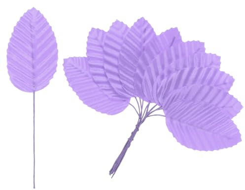 M METERXITY 100-Pack Artificial Silk Leaf Faux Wire Single Leaves Purple | Fake Flower Leaf, with Stem, for DIY Bouquet, Wreaths, Wedding, Garland, Party Decorations, Fake Rose Craft Leaves