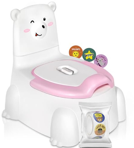Polar Bear Baby Potty Training Toilet Seat with Splash Guard - Potty Toilet for Boys and Girls (Ages 1-6) - Includes Potty Training Reward Stickers Pink