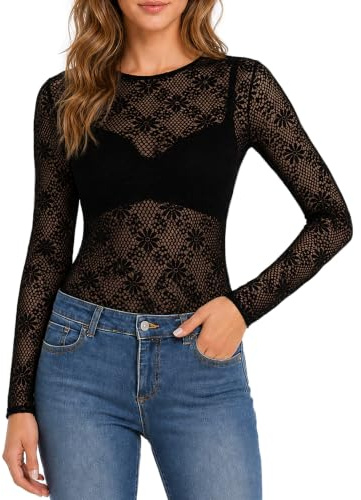 NONSAR Mesh-topp för damer, transparent spetsnät, sexigt mesh långärmigt skjorta, genomskinligt blommans mönster, blus, topp, Y2K Rave-kläder, svart, XL