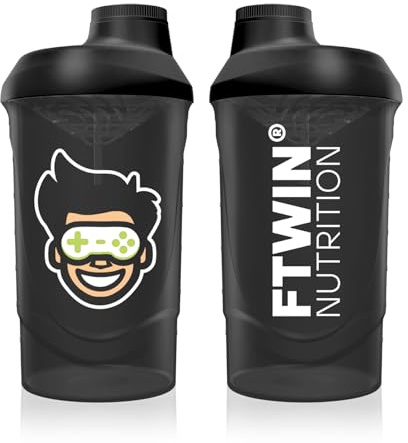 FTWIN Nutrition Shaker | Para jugadores y deportistas electrónicos | 600 ml con escala de medición y colador | Perfecto para largas e intensas sesiones de juego | a prueba de fugas | Sin BPA y DEHP