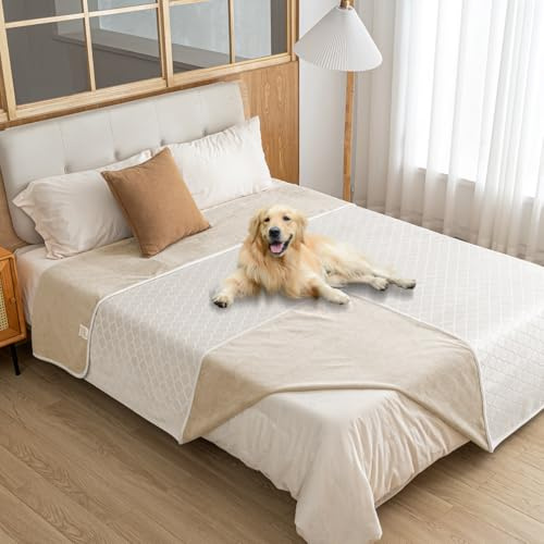 Amarrirose couverture imperméable pour chien, 60x80cm tapis pour chien d'extérieur lavable pour grands chiens, couverture de chat moelleuse et douce protection de canapé réversible, beige + blanc