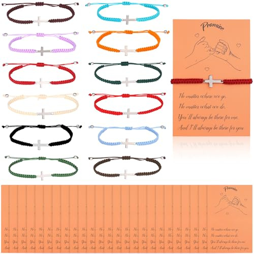 Lot de 12 cadeaux chrétiens pour femmes et hommes - Bracelets croix réglables inspirants chrétiens Jésus - Bracelet d'amitié religieux - Carte cadeau - Breloque corde tressée pour église, funérailles