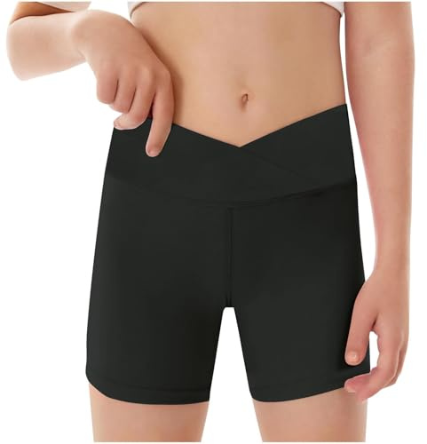 Shorts pour Filles Enfants Pantalons Courts Sport Cycliste Legging avec Ceinture Élastique Pantalon Gymnastique Randonnée Danse Course Coloré Shorts (Black, 13-14 Years)