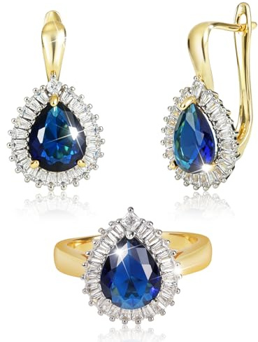 Richapex Set de Bijoux Femme en Forme de Goutte - Boucles d'Oreilles Pendantes & Bague en Or avec Zirconia Bleu - Taille 7/8/9/10(7)