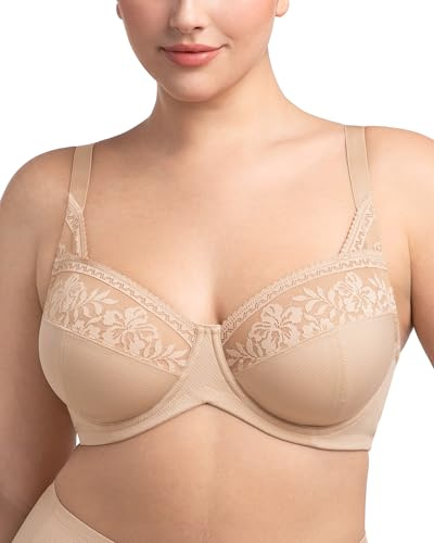HSIA Minimizer Bras for Women, Full Coverage Lace Bra Unlined Underwire Plus Size Bras for Heavy Breast Light Beige