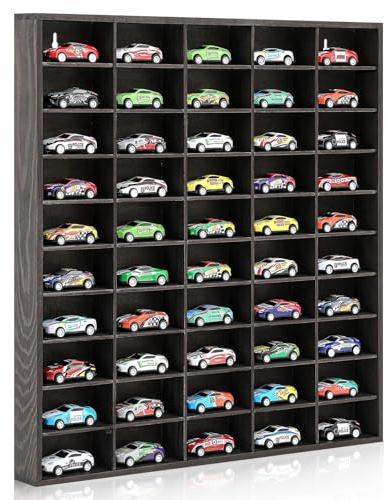 Seenelling Vitrina de madera para ruedas fundidas en caliente, 50 espacios, montaje en pared, escala 1/64, estante de exhibición de almacenamiento de coche de juguete, organizador de almacenamiento de