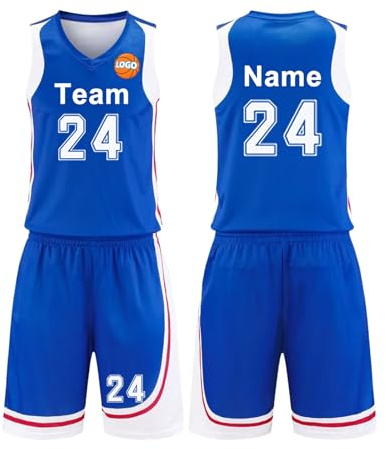 AOIOAFUY 2 Pezzi Maglietta Basket e Pantaloncini per Bambini e Adulti, Personalizzato Completo da Basket con Nome, Numero e Squadra(Blue)