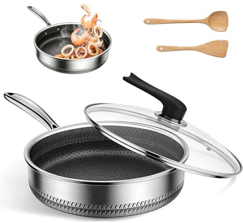 Djup stekpanna 26–28 cm med lock och träspatel, SUS316 rostfritt stål non-stick utan beläggning, diskmaskinssäker, värmebeständig upp till 260 °C, lämplig för induktion, gas och ugn (28 cm med lock)