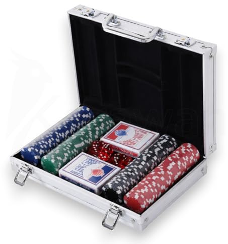 Genérico Maletín de Póker con 200 Fichas, Caja Metálica Portátil, Incluye Barajas y Dados, Estilo Casino, 4 Colores, para Adultos, 29.5 x 20.5 x 6.5 cm