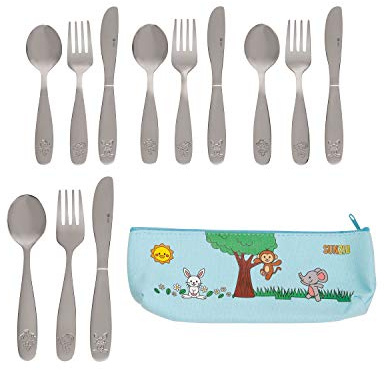 SunZio Kids Silverware Set, 18/10 Stainless Steel 12 Piece Cutlery Set with 4 Forks, 4 Spoons, 4 Small Knives, Toddler Metal Travel Utensils with Case, Child Safe Flatware, Dishwasher Safe, 1 Set