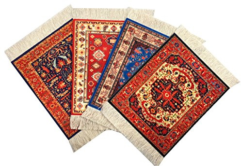 Turkish Carpet Coasters Set of 4 – mini Non-Slip Drink mats with Fringe, Protective and Decorative for Home or Office | Dining Accessory