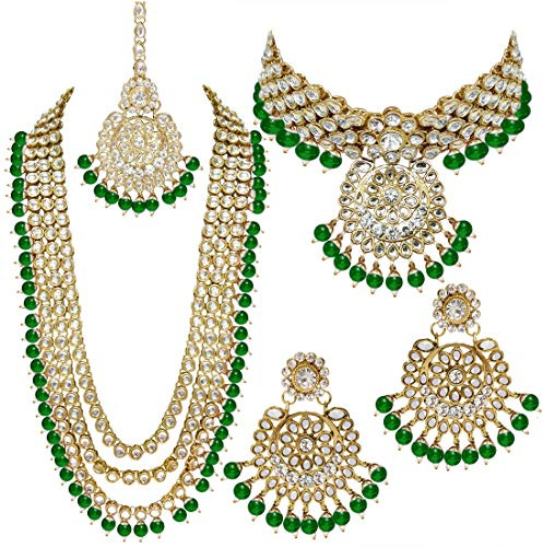 Aheli Indian Wedding Kundan Beaded Heavy Bridal Long Choker Necklace Earrings with Maang Tikka Traditional Jewellery Set for Women (Green)