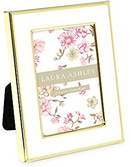 Laura Ashley 2x3 White Enamel Picture Frame, Gold Metal Edge with Easel, for Countertop, Counterspace, Tabletop Display, Bookshelf, Desk, Wall Décor, Photo Gallery (2x3, White W/Gold)