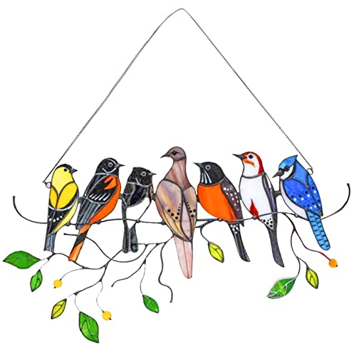 PEPOYO AI Bird Series Pendentif Oiseau mural en métal pour décoration de fenêtre, décoration murale, suspension, printemps, salon, chambre, jardin, balcon.(7 oiseaux)