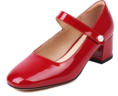 Naiyee Mary Jane Shoes Women Red Chunky Heel Ankle Strap Mary Janes Closed Rounded Toe Heeled Pumps Size 7.5