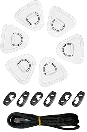 iSpchen Kajak D-Ring-Pad,6 Stück Edelstahl D-Ring-Patch PVC D-Ring Stand-Up Paddleboard PVC-Patch Kajak D Ring Haken mit Bungee-Seil für Kajaks,SUP,Schlauchboote Kanu Kajak Deck Zubehör